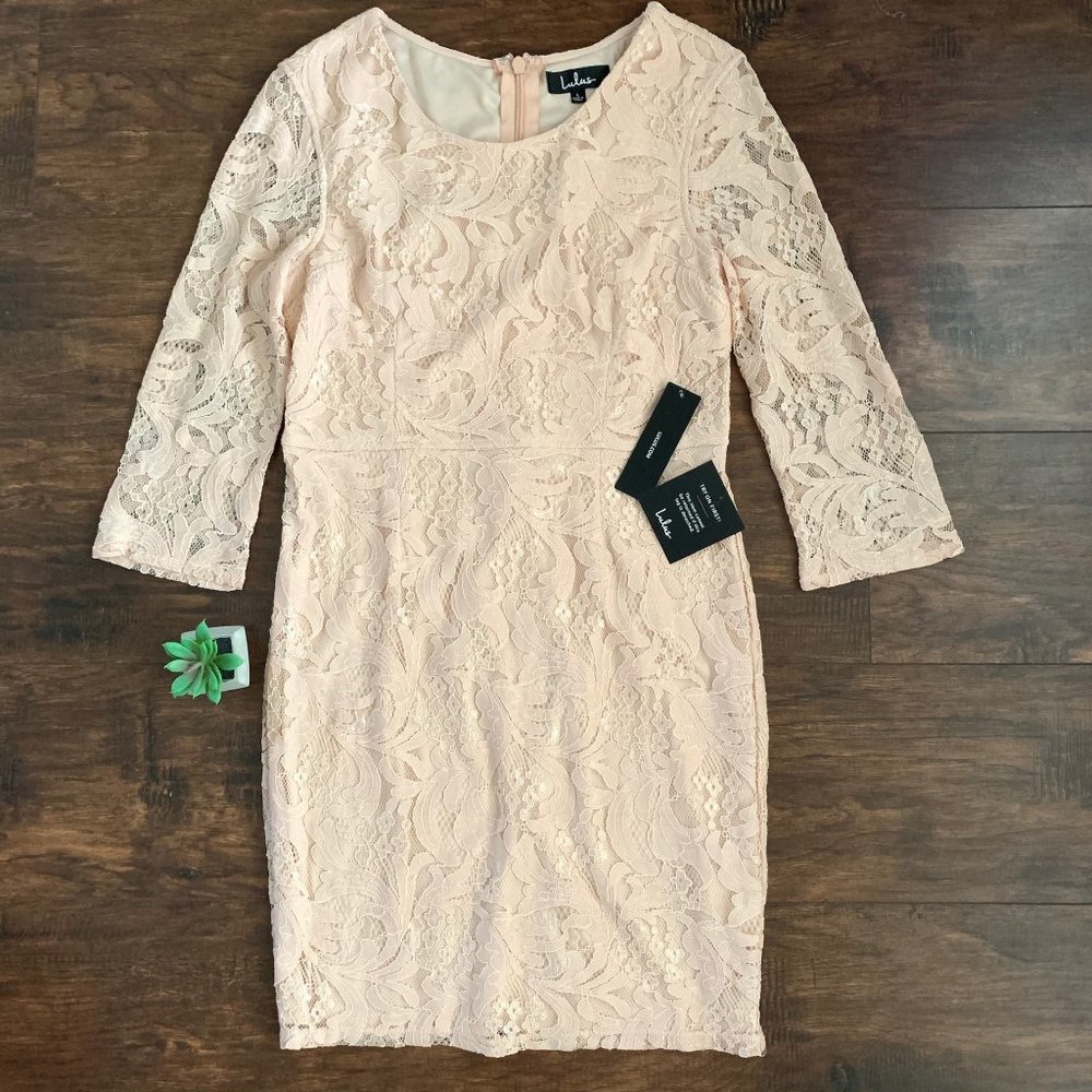 LULUS L/S Lace Scoop Neck Lined Sheath Midi Dress